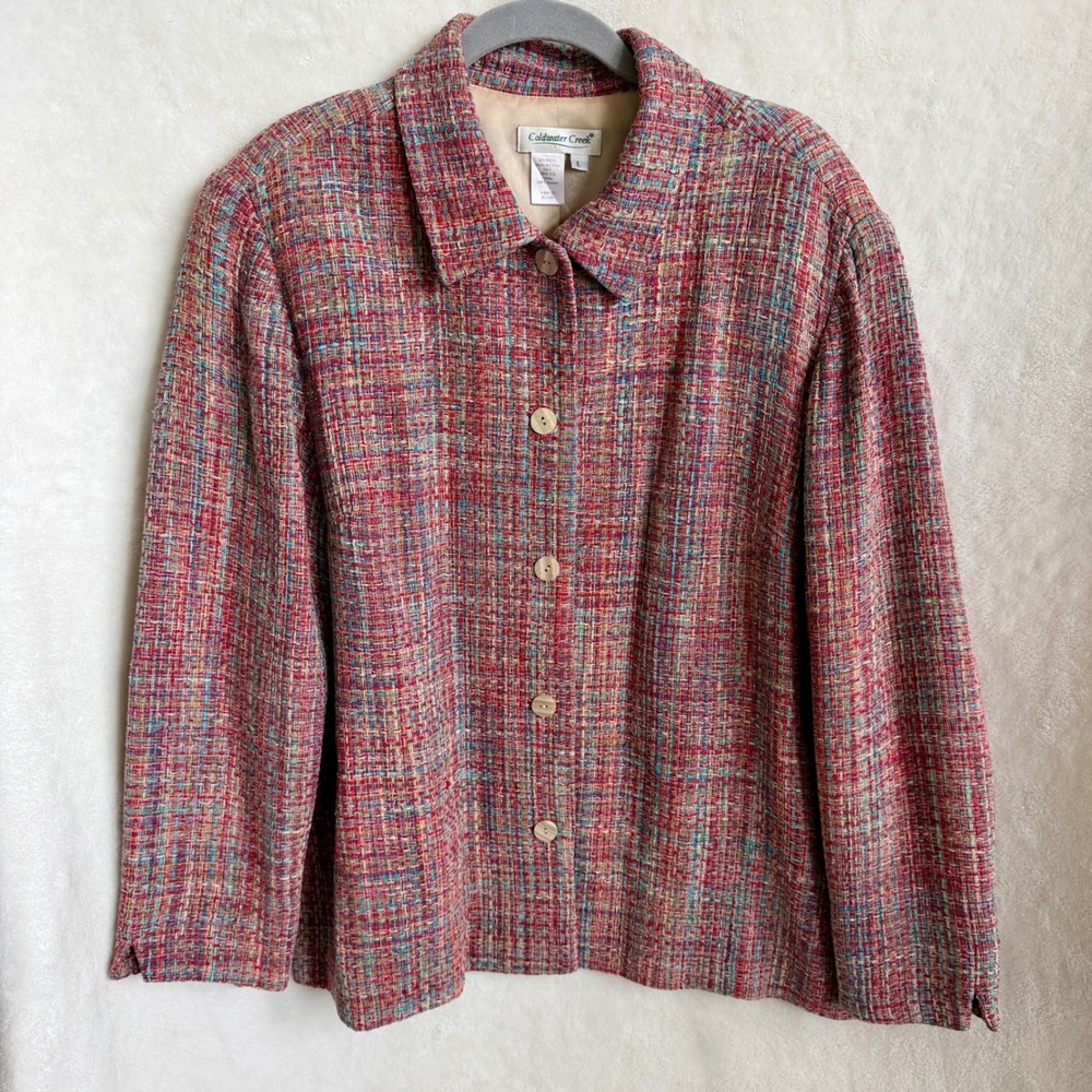 Coldwater Creek Womens Multicolor Silk Tweed Button Front Jacket Size Large